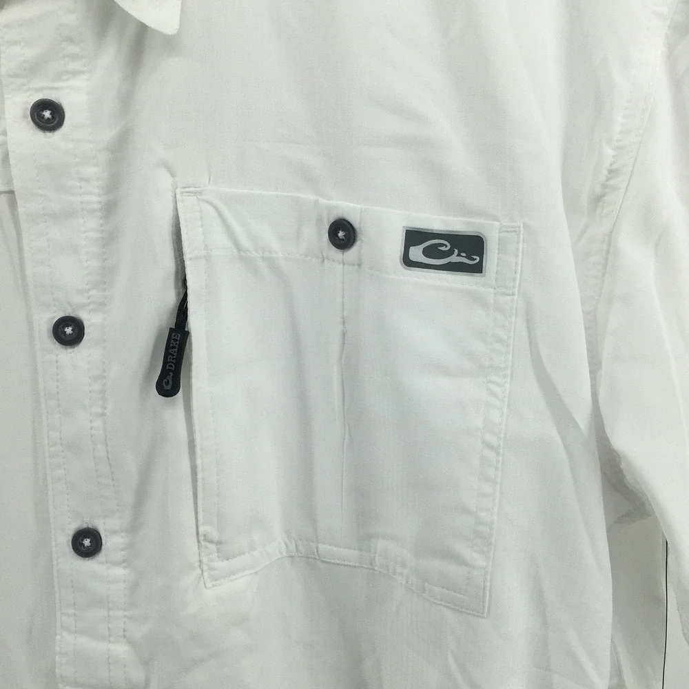 Drake Waterfowl DPF Fishing Shirt Mens Large White Short Sleeve Vented Button Up
